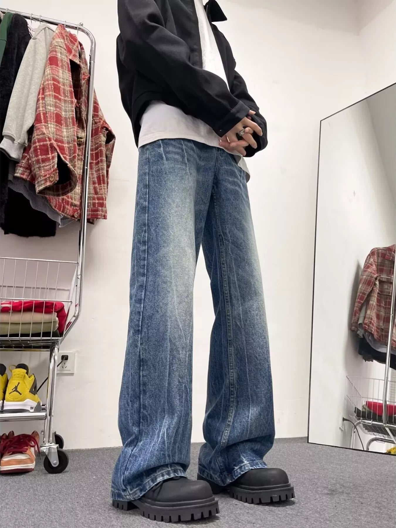 Men's Full Size Wash Wide Leg Jeans Plus Size